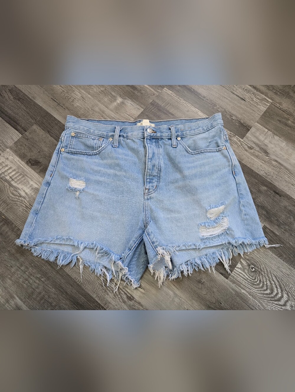 Madewell Relaxed Mid Length Denim Shorts Womens Distressed Raw Hem, 32